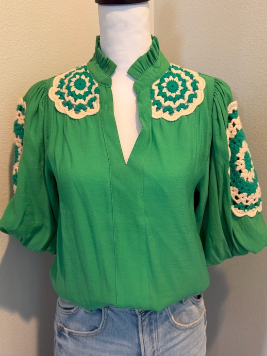 THML Tops - THML Green Blouse with Cream Crochet Accents